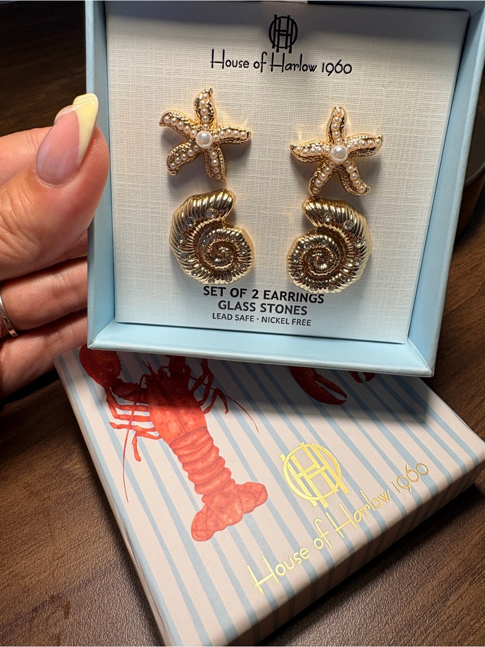 NWT 🦞House of Harlow 1960 Coastal Starfish-Shell Earring Set Gold Pearl Glass 🐚
